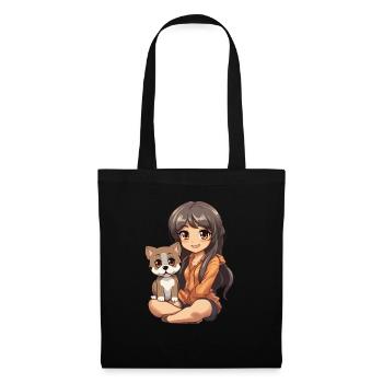 Kawaii Girl Anime Manga Fille et Chien - Sac en tissu - noir - Devant
