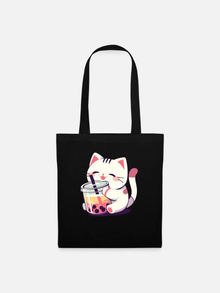 Katze die Bubble Tee trinkt Boba and Cats Anime - Stoffbeutel - Schwarz