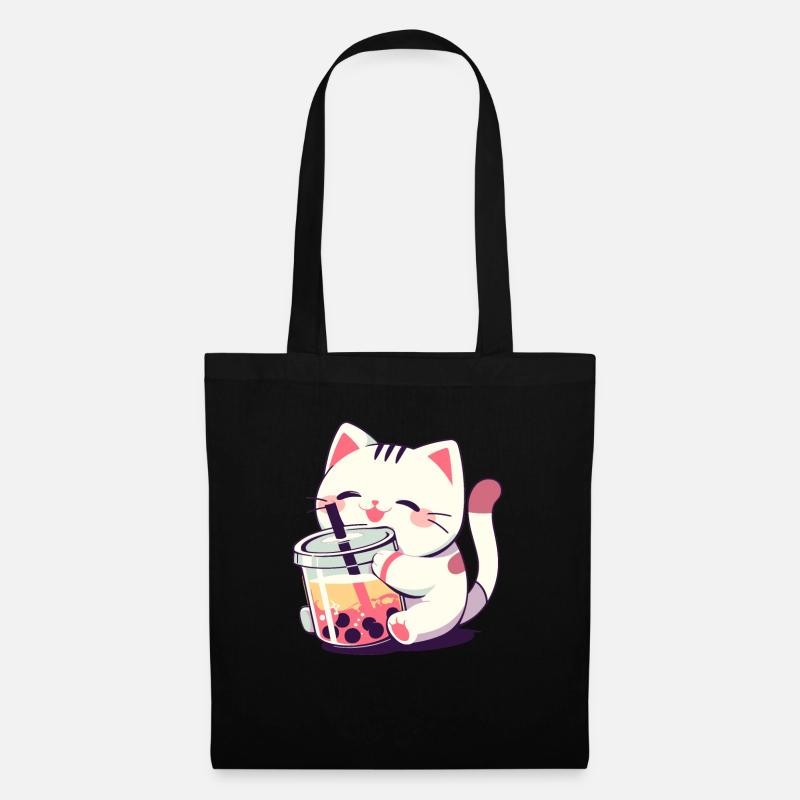Katze die Bubble Tee trinkt Boba and Cats Anime - Stoffbeutel - Schwarz
