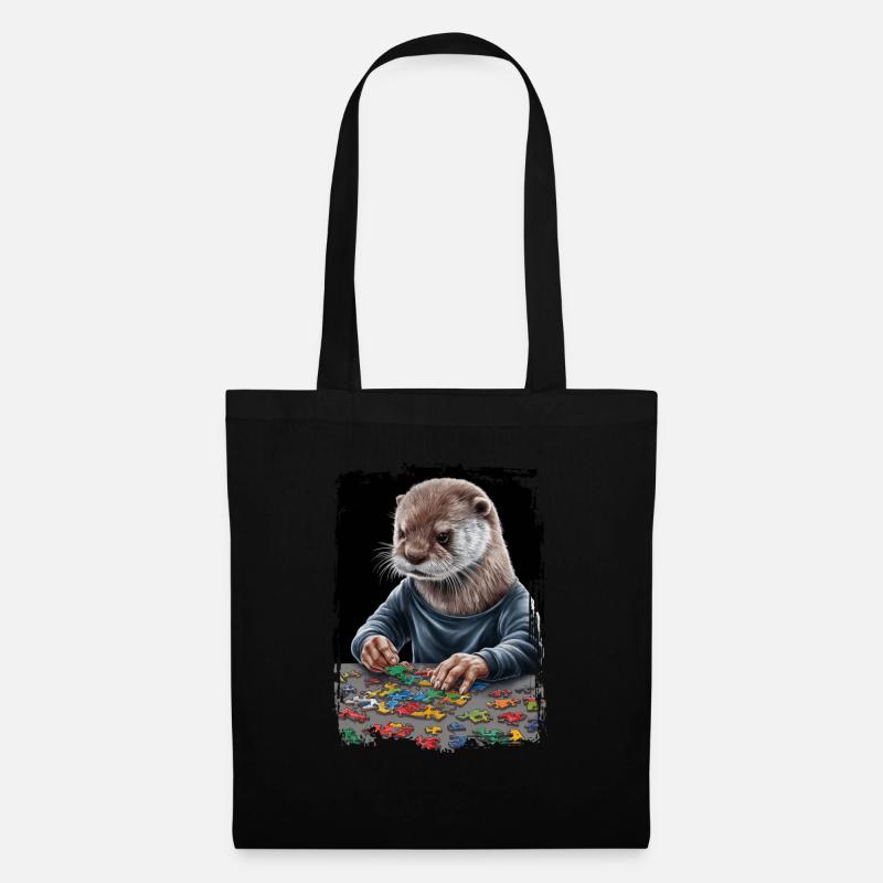Otter spielt Puzzle Geschenk - Stoffbeutel - Schwarz