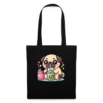 Bubble Tea Boba Milch Kawaii Anime Hund Mops - Stoffbeutel - Schwarz - Vorne