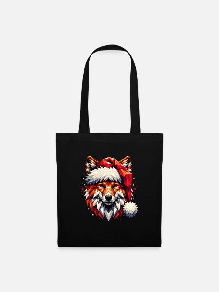 Polygon Kunst - Fuchs mit Weihnachtsmütze - Stoffbeutel - Schwarz