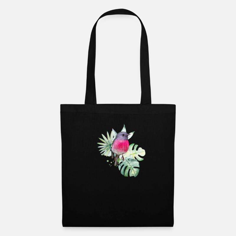 Aquarellrosa Rotkehlchen mit tropischen Blättern - Stoffbeutel - Schwarz