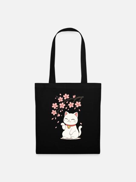 Maneki Neko Katze Glücksbringer Kirschblüten Ast - Stoffbeutel - Schwarz