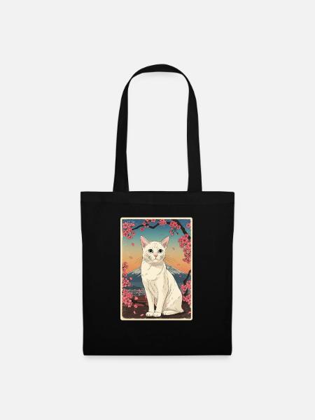 White Cat Cherry Blossom - Stoffbeutel - Schwarz