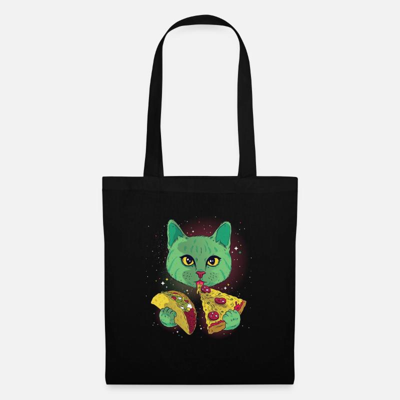 Cosmic Katze Katzen Kätzche mit Pizza - Stoffbeutel - Schwarz