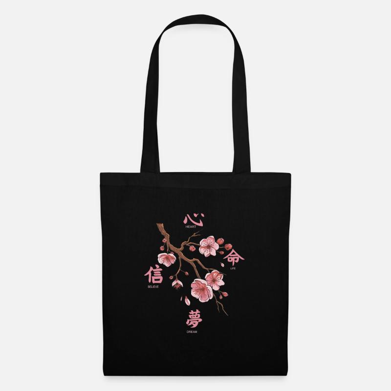Japanischer Rückendruck mit ästhetischer Kirschblüte - Stoffbeutel - Schwarz