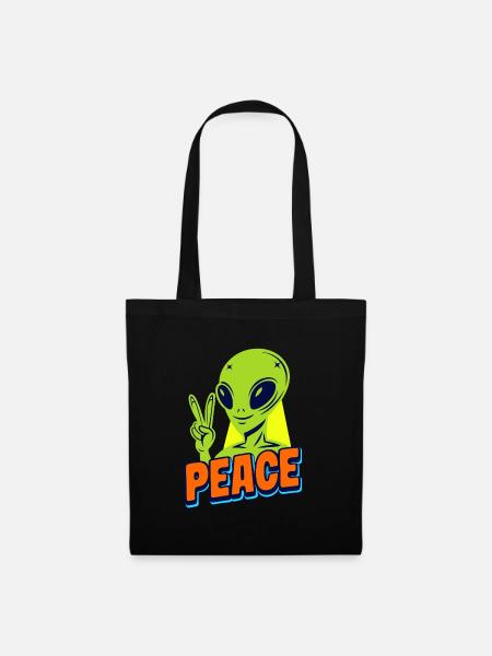 Funny green Alien with Peace sign Space - Stoffbeutel - Schwarz