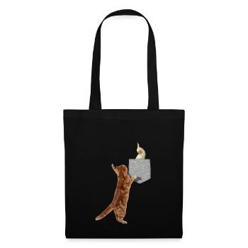 Chat atteignant l'oiseau cockatiel en faux imprimé - Sac en tissu - noir - Devant