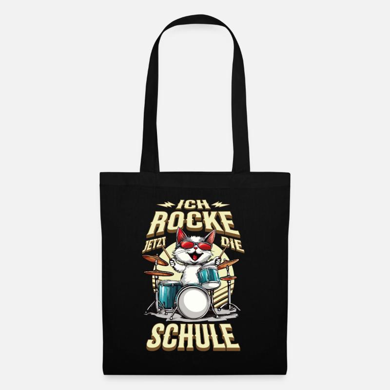 Schulkind Einschulung Katze Schlagzeug Rock Musik - Stoffbeutel - Schwarz