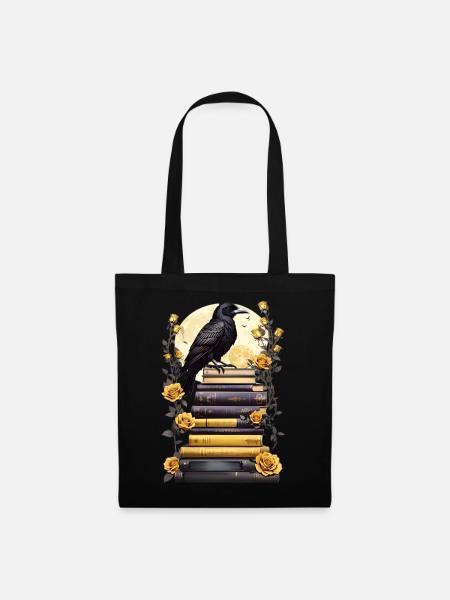 Bücherstapel mit Rabe - Stoffbeutel - Schwarz