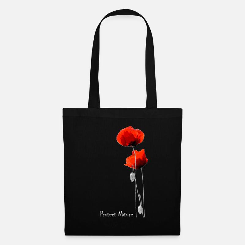 PROTECT NATURE - Rote Mohnblume und Biene - Stoffbeutel - Schwarz