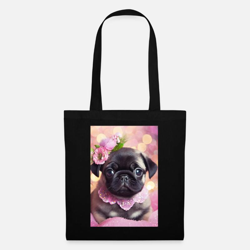 Hübsche Bulldogge mit Blumenkranz - Stoffbeutel - Schwarz