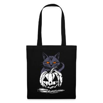 Schwarze Katze mit Kürbis - Halloween Design - Stoffbeutel - Schwarz - Vorne