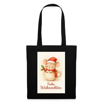 Kuschelmaus in Weihnachtstasse - Stoffbeutel - Schwarz - Vorne