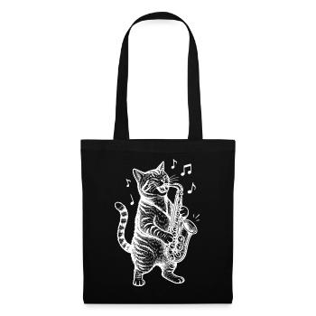 Chat Saxophone Animal Dessin animé - Sac en tissu - noir - Devant