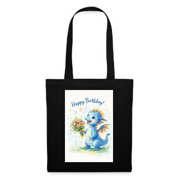Blauer Drache mit Blumenstrauß - Stoffbeutel - Schwarz - Vorne