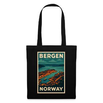 Bergen Norwegen – Retro Reiseposter Hafenblick - Stoffbeutel - Schwarz - Vorne