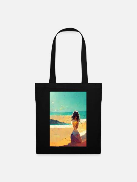 Vintage Frau am Strand - Stoffbeutel - Schwarz