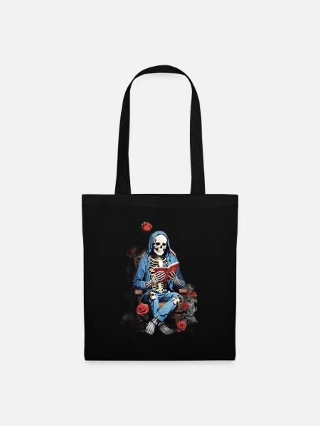Skelettmann und Rosen: Ein Gothic und Blumen - Stoffbeutel - Schwarz