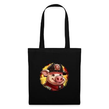 Schweine Feuerwehr / Feuerwehrmann Schwein - Stoffbeutel - Schwarz - Vorne