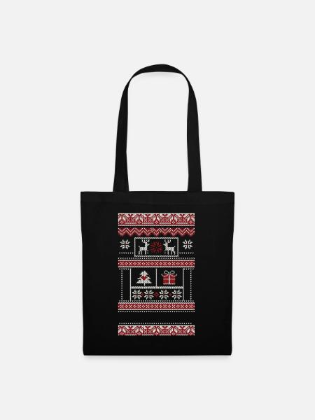 Winterwunder Muster mit Reh und Geschenk - Stoffbeutel - Schwarz