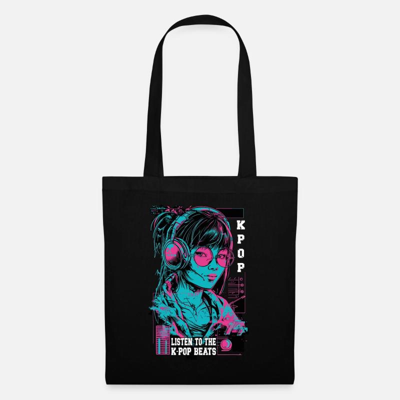 K-Pop Korea Popmusik Mädchen Kopfhörer Neon Pink - Stoffbeutel - Schwarz