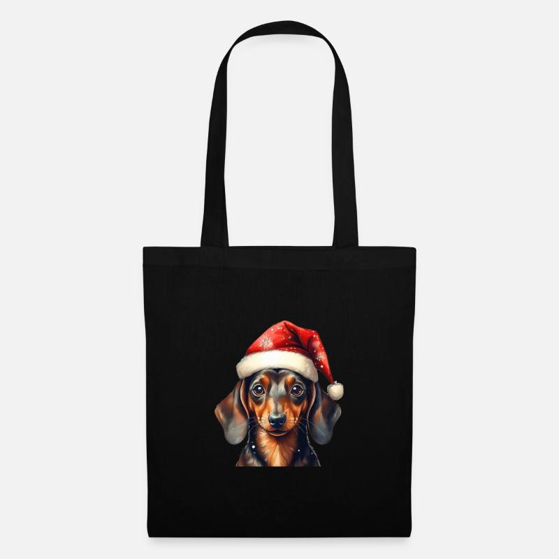 Süßer Dackel mit Weihnachtsmütze - Stoffbeutel - Schwarz