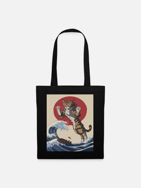 Cat Wave Art – Japanisch inspirierte Illustration - Stoffbeutel - Schwarz
