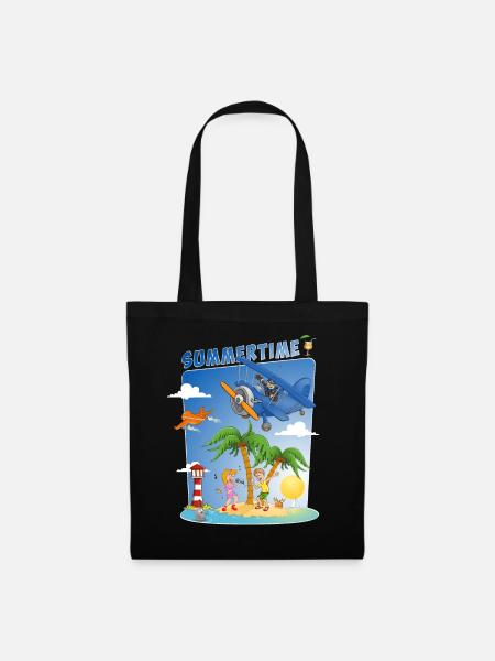 sun, sea, beach, plane, palm trees, island - Tote Bag - black