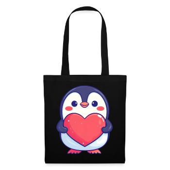 Pingouin tenant un cœur rouge - Adorable dessin animé - Sac en tissu - noir - Devant