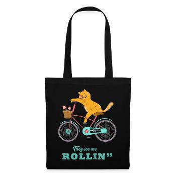 Katze Fahrrad Rollin - Stoffbeutel - Schwarz - Vorne
