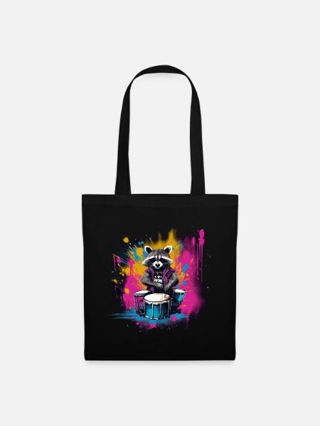 Waschbär Schlagzeuger Musik Tier Schlagzeug - Stoffbeutel - Schwarz