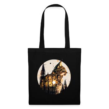 Luchs mit Mond im Wald mit Muster - Stoffbeutel - Schwarz - Vorne