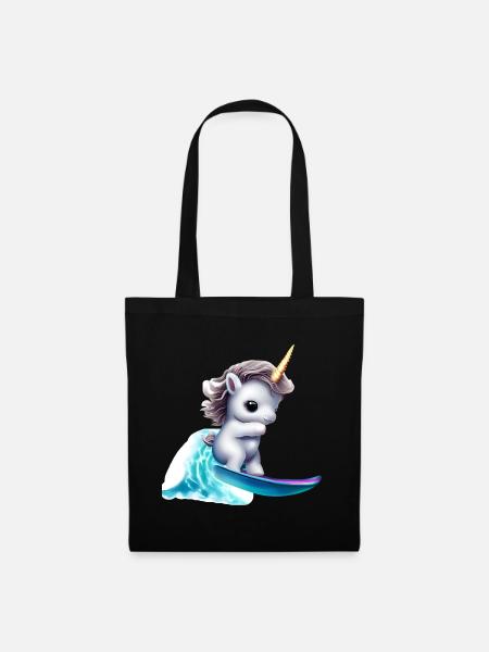 Einhorn auf Surfbrett - Stoffbeutel - Schwarz