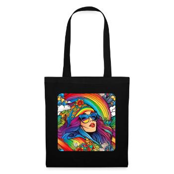 Flower Power Frau in Retro Look mit Blumen - Stoffbeutel - Schwarz - Vorne