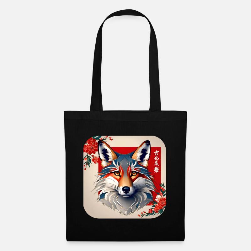 Asiatischer Fuchs mit Kirschblüten - Stoffbeutel - Schwarz