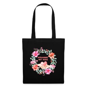 Hebamme mit Herz Blumenkranz - Stoffbeutel - Schwarz - Vorne