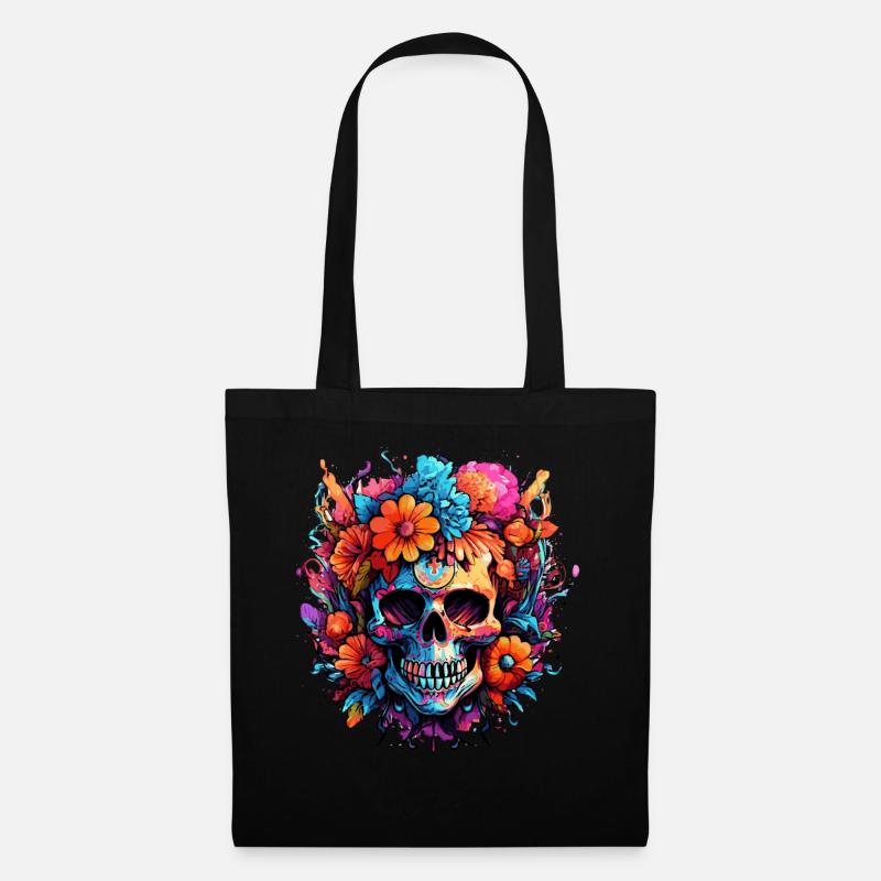 Blumenstrauß Zucker Schädel Totenkopf - Stoffbeutel - Schwarz