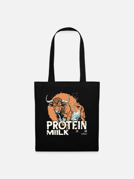 Cartoon Kuh mit dem Text: Protein Milch - Stoffbeutel - Schwarz