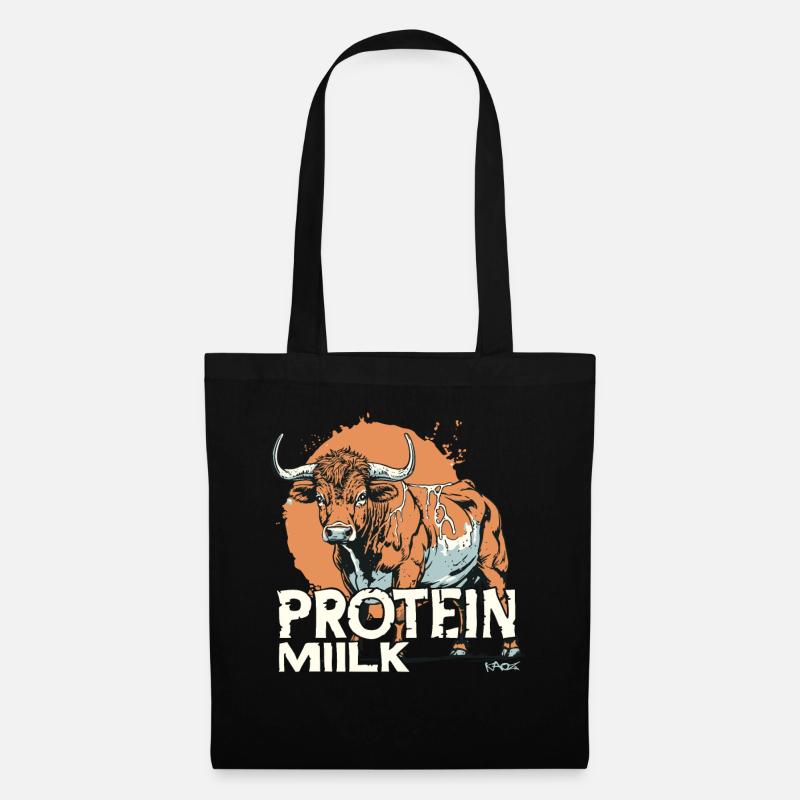 Cartoon Kuh mit dem Text: Protein Milch - Stoffbeutel - Schwarz