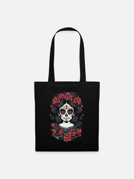 Sugar Skull Totenkopf Frau mit Rosen - Stoffbeutel - Schwarz