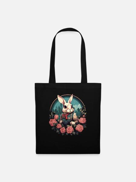 Hase mit Rosen - Stoffbeutel - Schwarz
