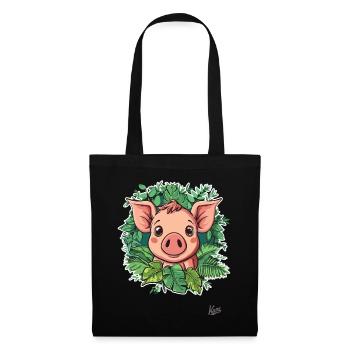 Kleines Süßes Schwein im Pflanzen-Dschungel - Stoffbeutel - Schwarz - Vorne