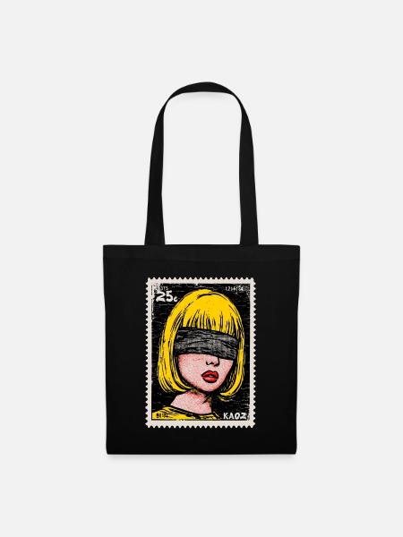 Frau mit Augenbinde im Pop-Art Briefmarke - Stoffbeutel - Schwarz