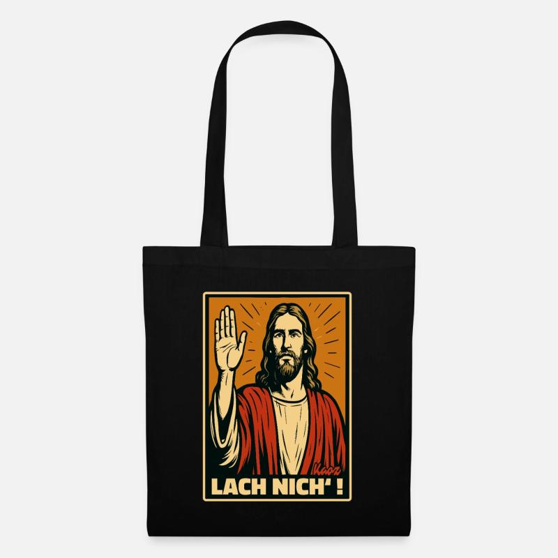 Jesus mit erhobener Hand und Spruch „Lach nich’!“ - Stoffbeutel - Schwarz