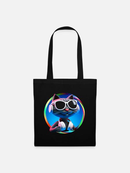 Katze Brille Turntable DJ Disco Club Kopfhörer - Stoffbeutel - Schwarz
