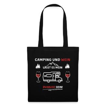 Camping und Wein - Spruch - Stoffbeutel - Schwarz - Vorne