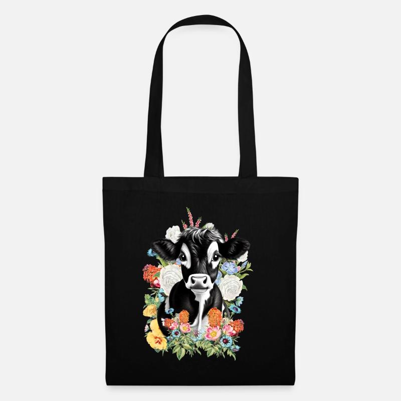Kuh Blumen - Stoffbeutel - Schwarz