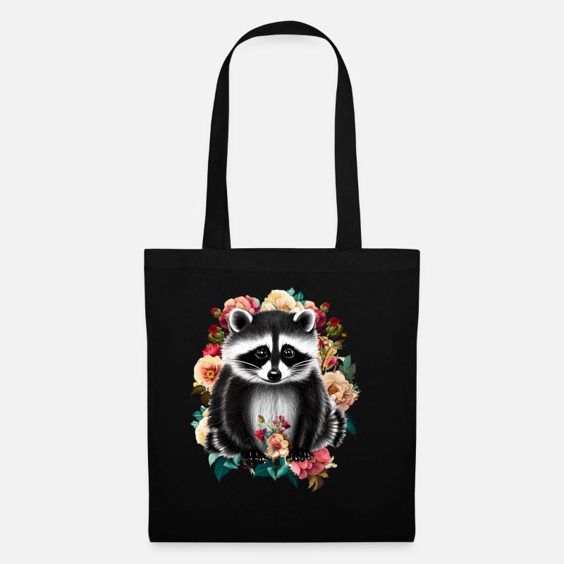Waschbär Blumen - Stoffbeutel - Schwarz